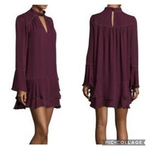 PARKER Women’s Burgundy Silk TESSA Choker Neck Bell Slv Keyhole Beaded Dress  XS